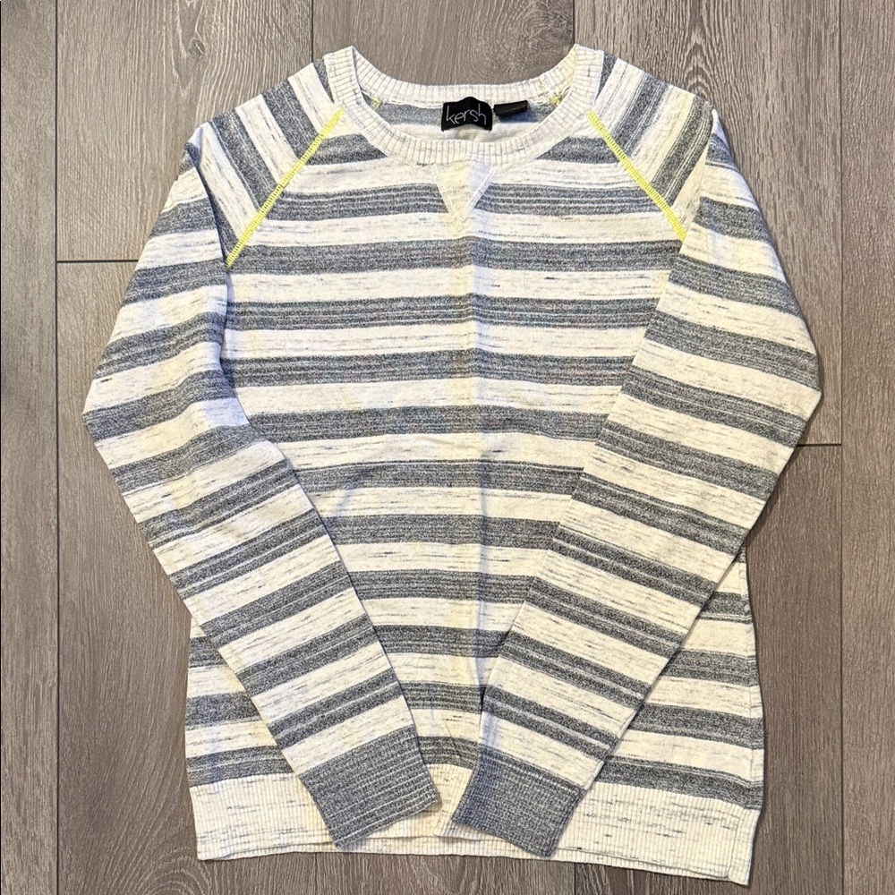 Kersh Women’s Grey and Cream Striped Crewneck Sweater